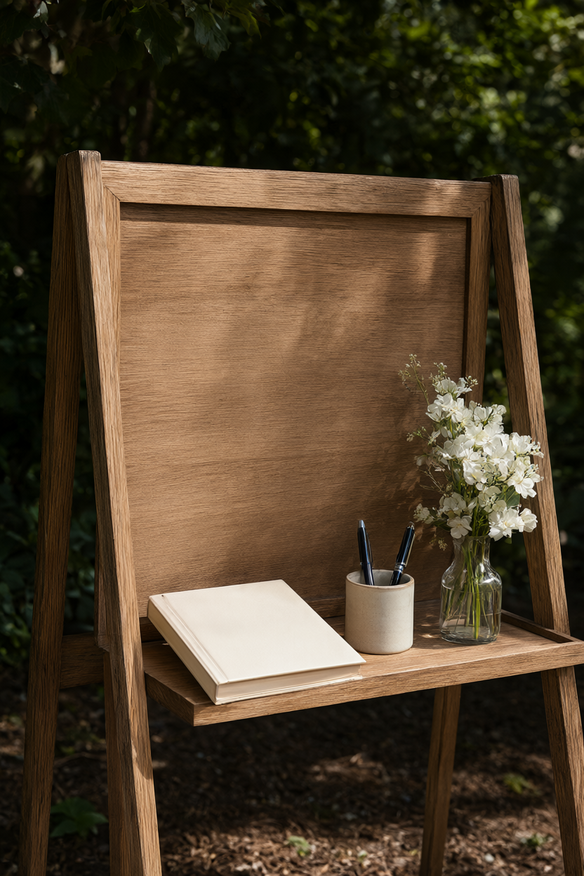 Wide oak welcome sign with a shelf holding a cream guest book, pens and white flowers in dappled shade