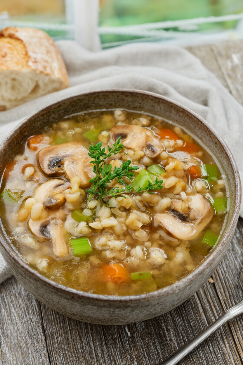 Rustic bowl of mushroom barley soup with cremini mushrooms, pearl barley, carrots, celery, and fresh thyme on a wooden table.
