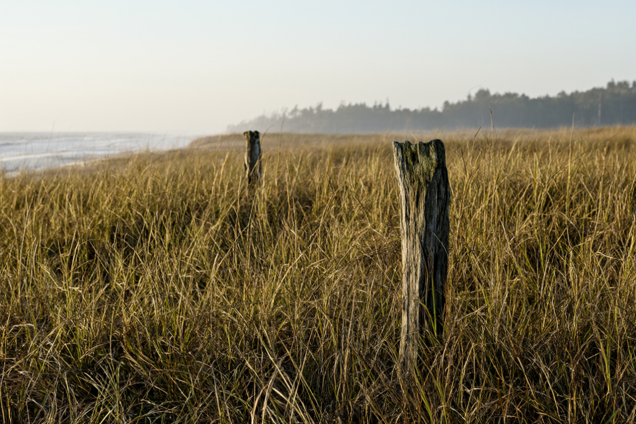 A weathered wooden post stands in tall marsh grass on a low coastal island at dawn, with pale gold light and mist, the Atlantic in the distance.