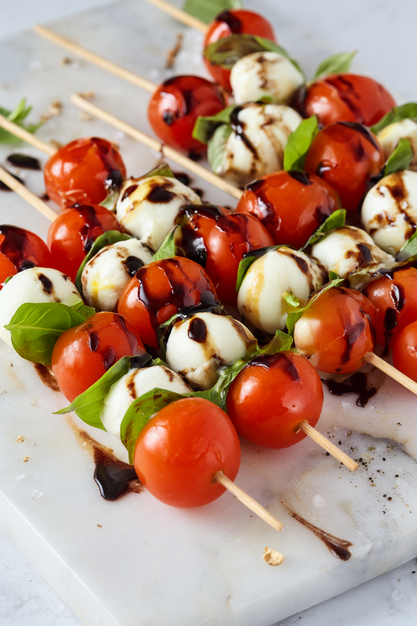 Caprese skewers with balsamic glaze: cherry tomatoes, mozzarella and basil on wooden skewers.