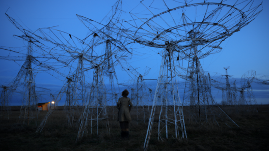 A young woman in a coat stands among wire-strung radio telescope antennae on an English field under a deep blue evening sky.