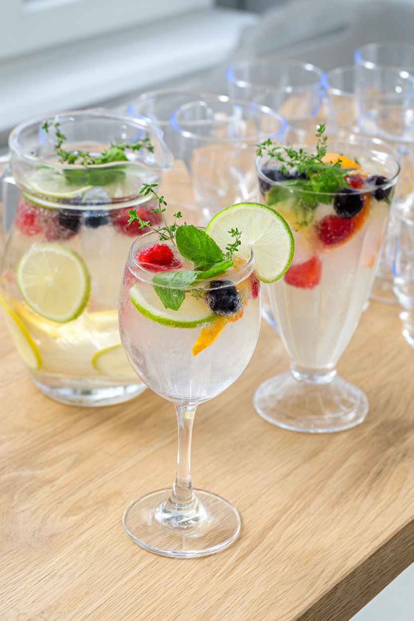 Two sparkling-water mocktails with lime, mint, thyme and frozen berries beside a club soda pitcher on light oak