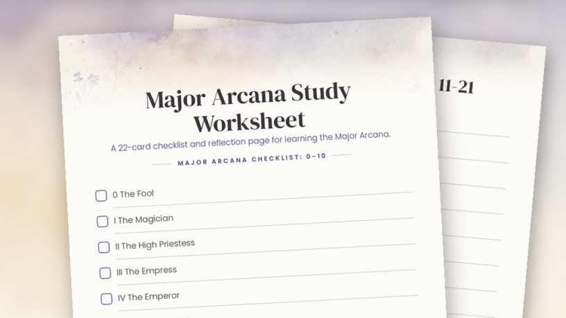 Three-page Major Arcana printable with a 22-card checklist and card study notes page in soft indigo watercolor.