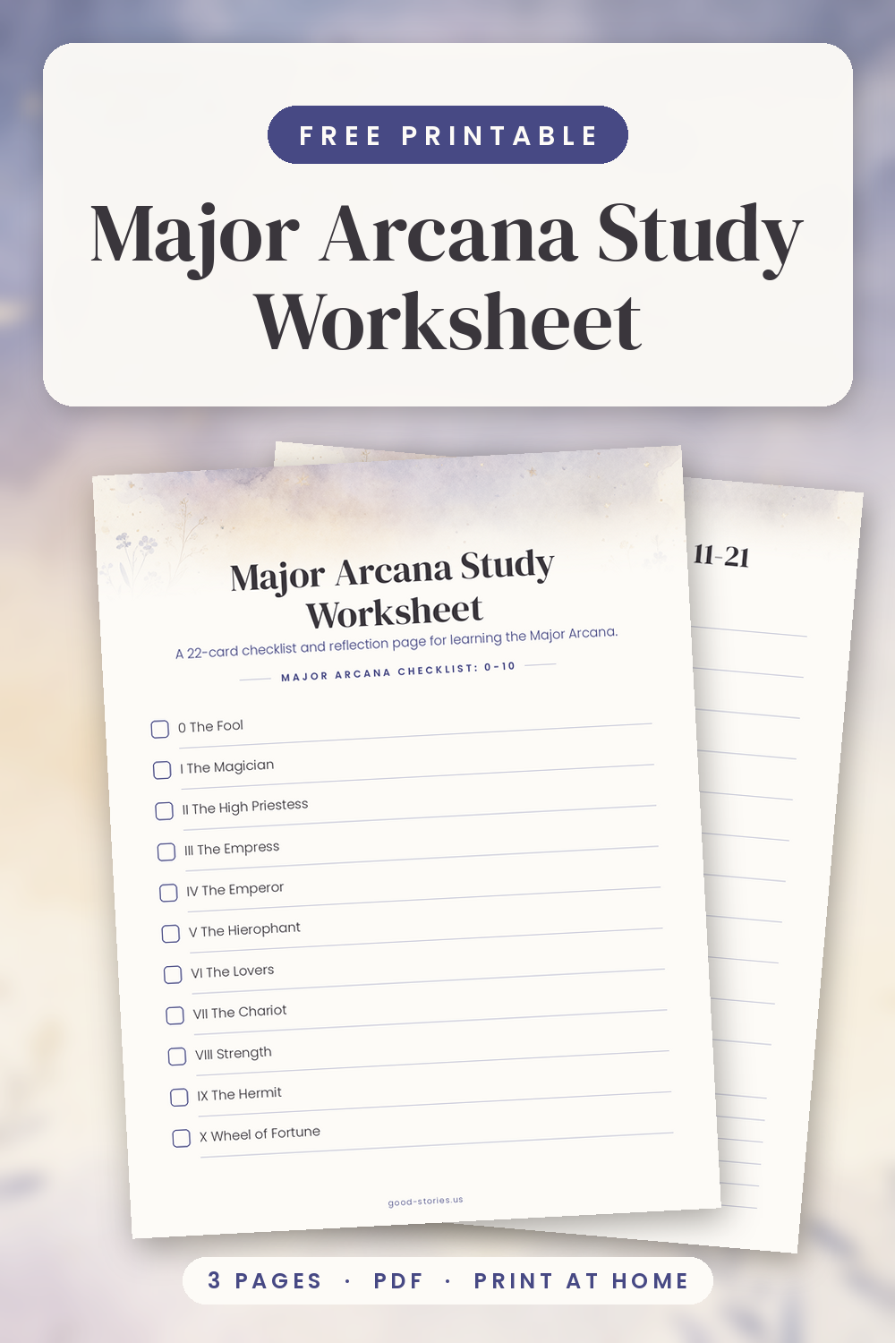 Three-page Major Arcana printable with a 22-card checklist and card study notes page in soft indigo watercolor.
