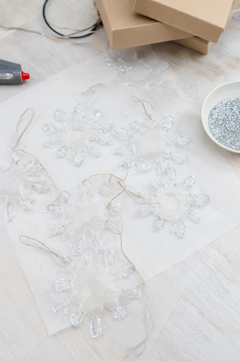 Six translucent hot glue snowflake ornaments with silver glitter hanging from twine on a white oak table