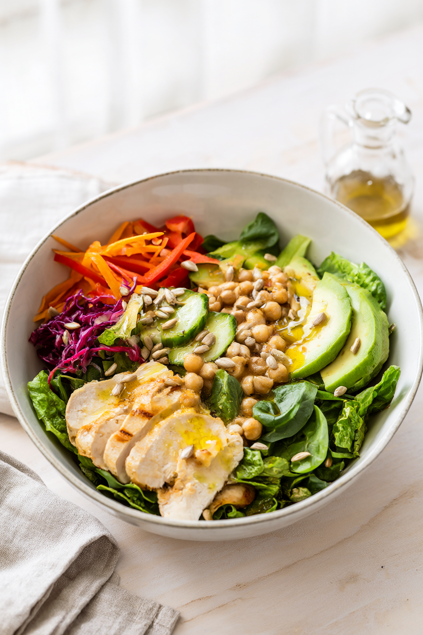 Lunch salad bowl with romaine, spinach, grilled chicken, chickpeas, cucumber, carrot, red pepper, cabbage, avocado, sunflower seeds, and vinaigrette.