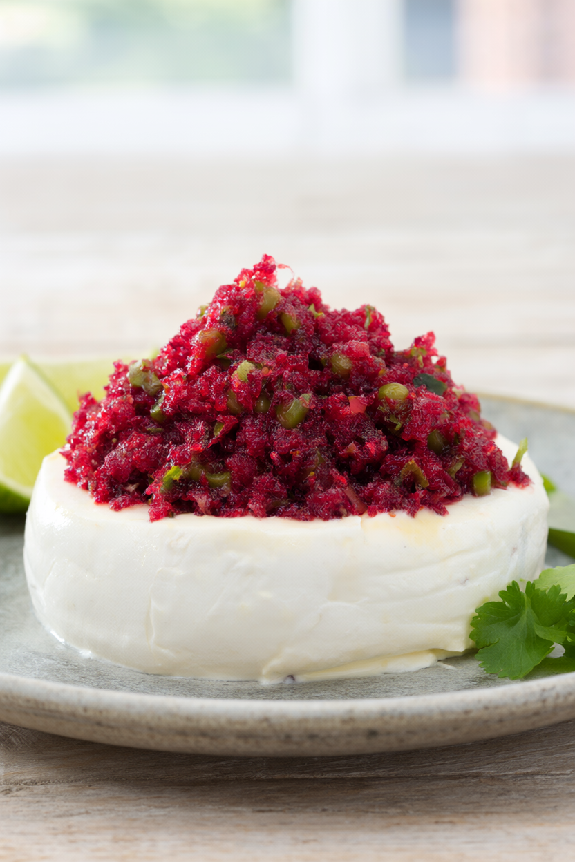 Fresh cranberry salsa with jalapeño and cilantro spooned over a round of cream cheese, garnished with lime wedges on a light wood table.