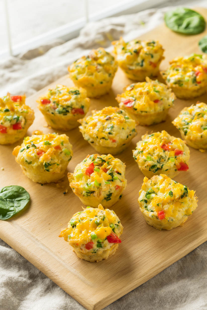 Golden baked egg muffins with spinach, red bell pepper and melted cheddar on a light wood board.