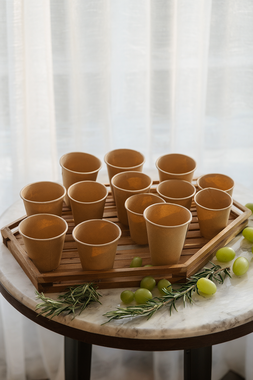 Rows of kraft paper charcuterie cups with salami roses, cheddar cubes and grapes in a slatted wooden tray