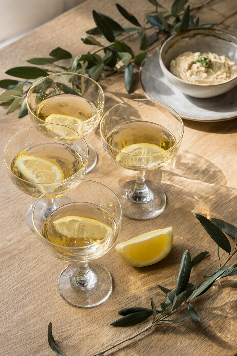 Mezze cups with hummus, falafel, cucumber ribbons and olives on a pale oak table