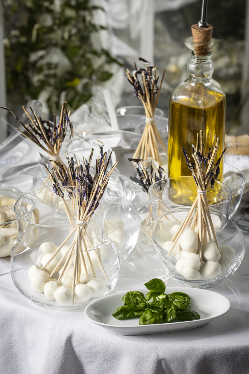 Glass tumblers holding mozzarella, tomato and basil skewers beside fresh basil and olive oil