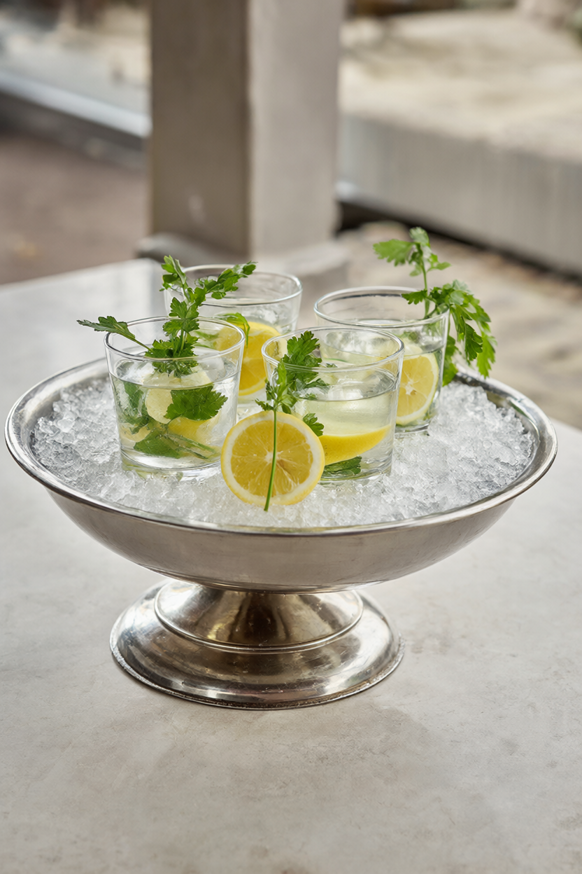 Shrimp cups set in a silver bowl of crushed ice with lemon halves and parsley
