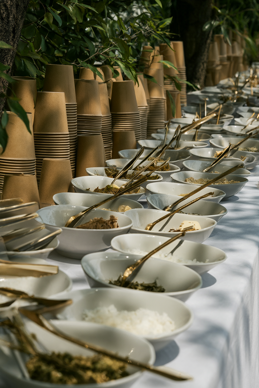 A grazing cup bar with white bowls of cheeses, olives and crackers and stacks of kraft cups