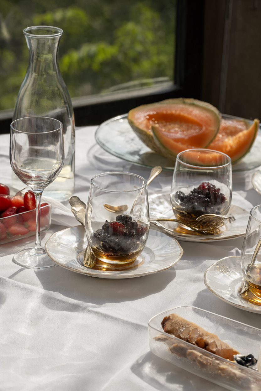 Brunch cups with prosciutto, melon, berries and brie on a white tablecloth with coffee