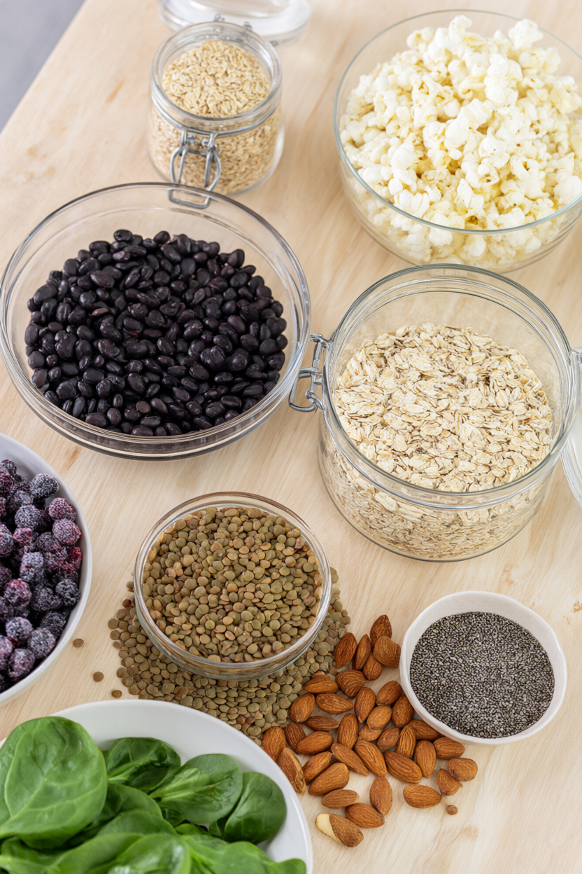Overhead spread of high-fiber staples: black beans, lentils, rolled oats, almonds, chia seeds, frozen berries, air-popped popcorn and fresh spinach on light wood.