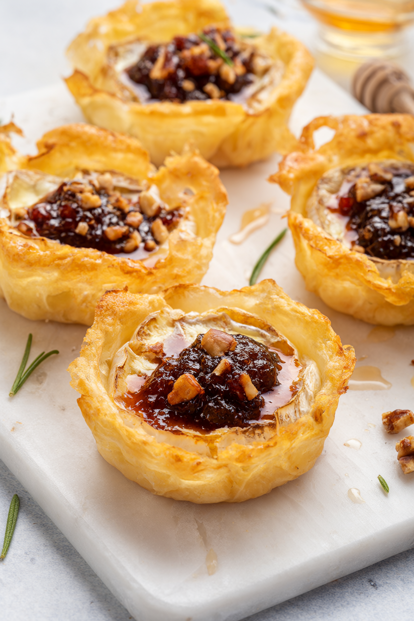 Golden puff pastry brie bites with fig jam, chopped pecans, rosemary and a honey drizzle on a white marble board.