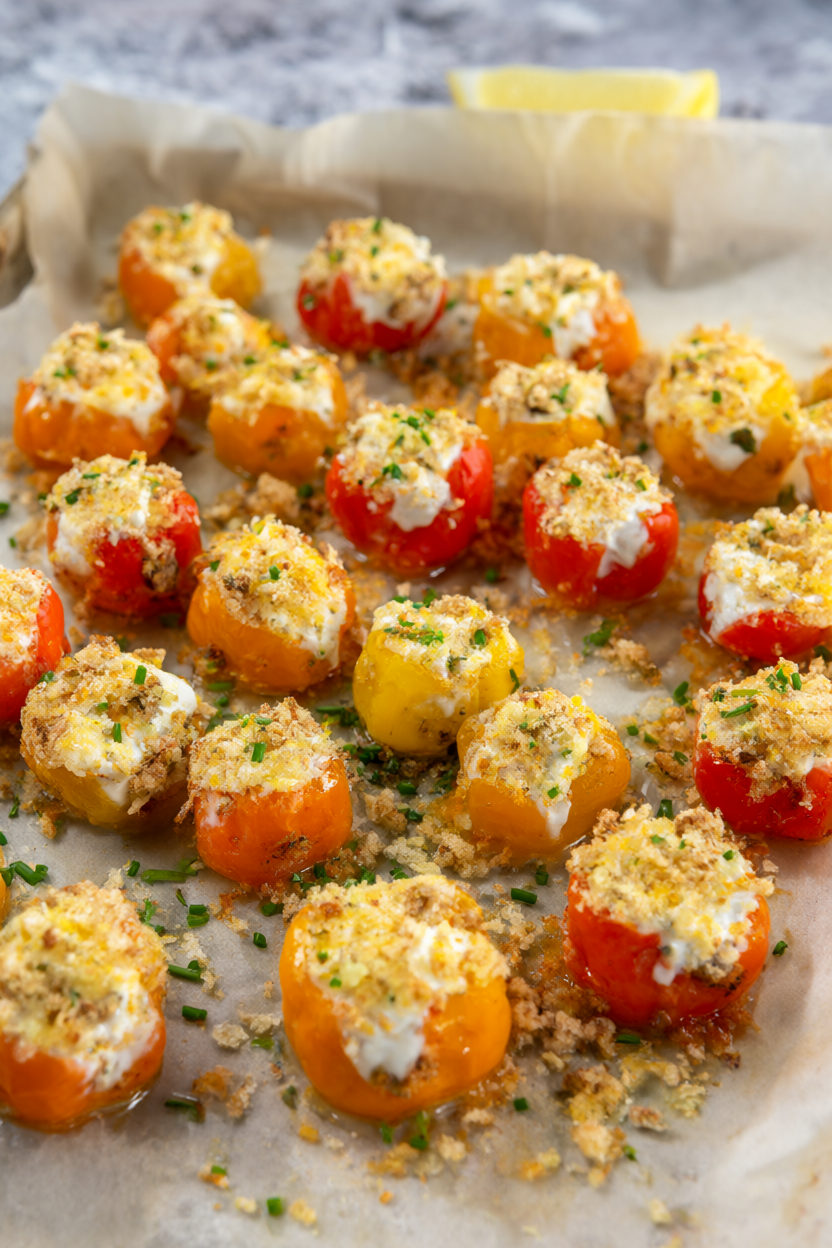 Roasted stuffed mini sweet peppers on a platter with goat cheese filling, golden panko and chives.