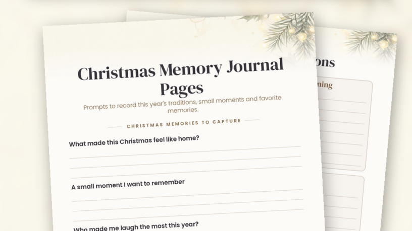 Christmas memory journal printable pages with prompts, tradition boxes and writing lines in a cozy holiday flat lay.
