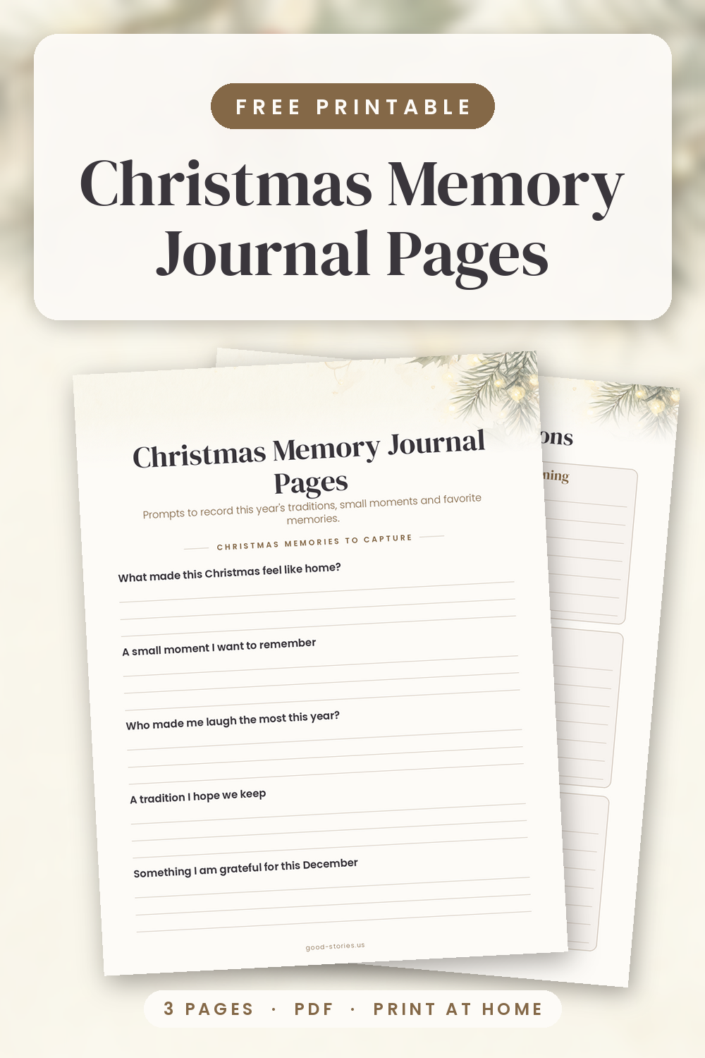 Printed Christmas memory journal pages on a wooden clipboard beside a mug of cocoa, a red pen and a pine sprig in soft morning light