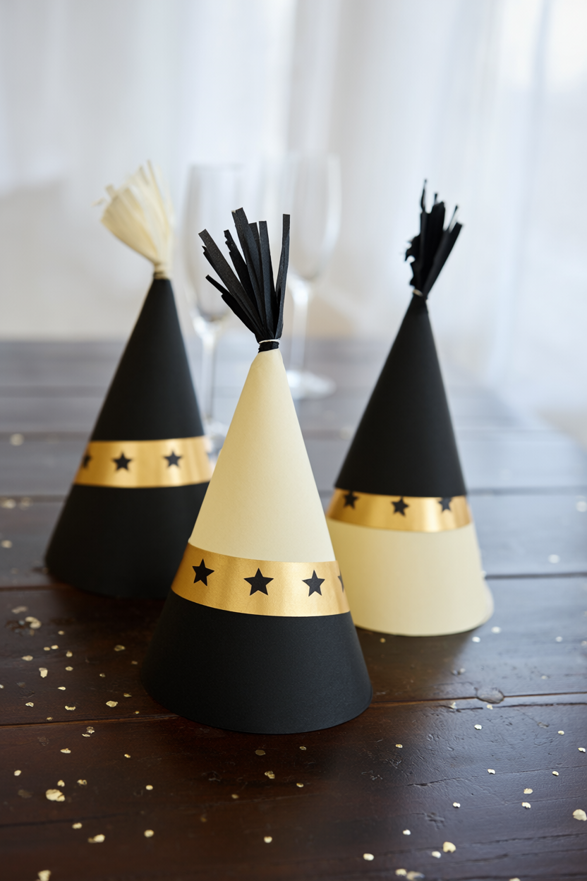 Three tall paper cone New Year's Eve party hats in black, cream and gold with star bands and tissue tassels on a dark wood table, gold confetti and champagne flutes behind them