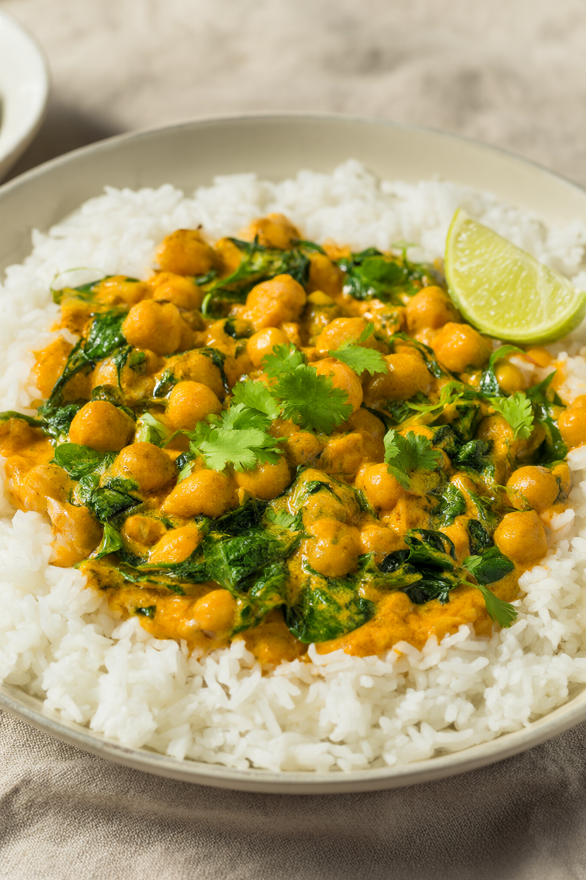 Creamy coconut chickpea curry with spinach served over white rice in a ceramic bowl