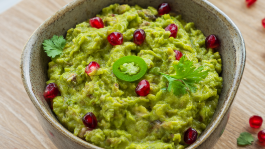 Chunky guacamole topped with pomegranate arils, cilantro and a lime wedge in a ceramic serving bowl