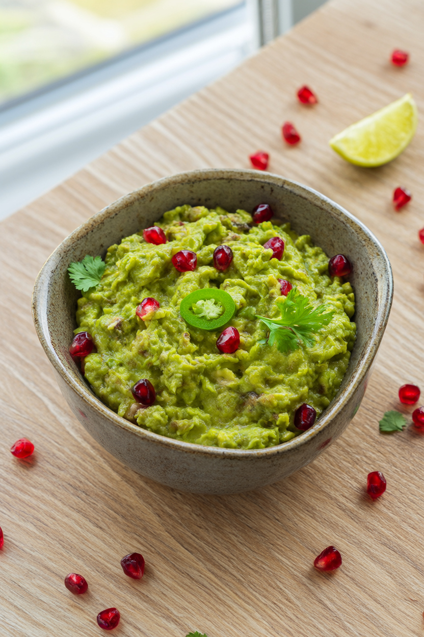 Chunky guacamole topped with pomegranate arils, cilantro and a lime wedge in a ceramic serving bowl