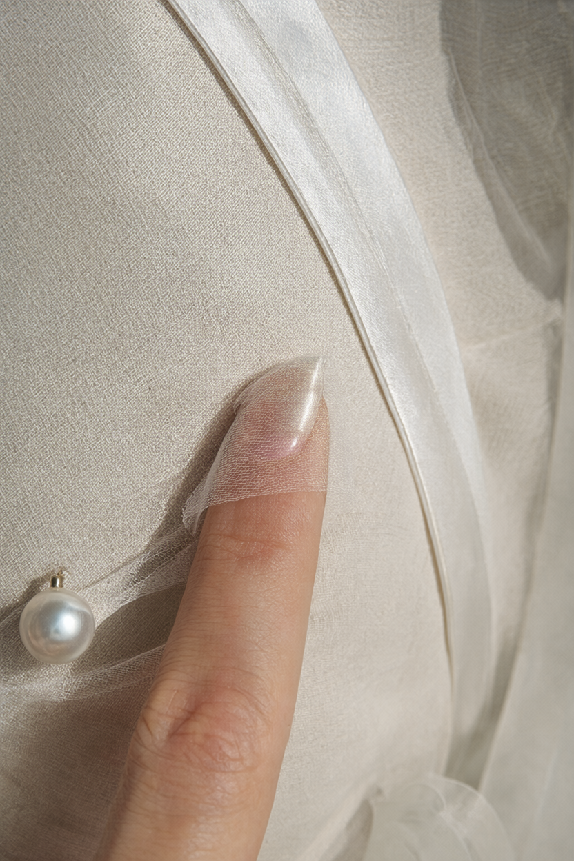 Fingertip veil folded on linen with a satin ribbon edge and a pearl earring.