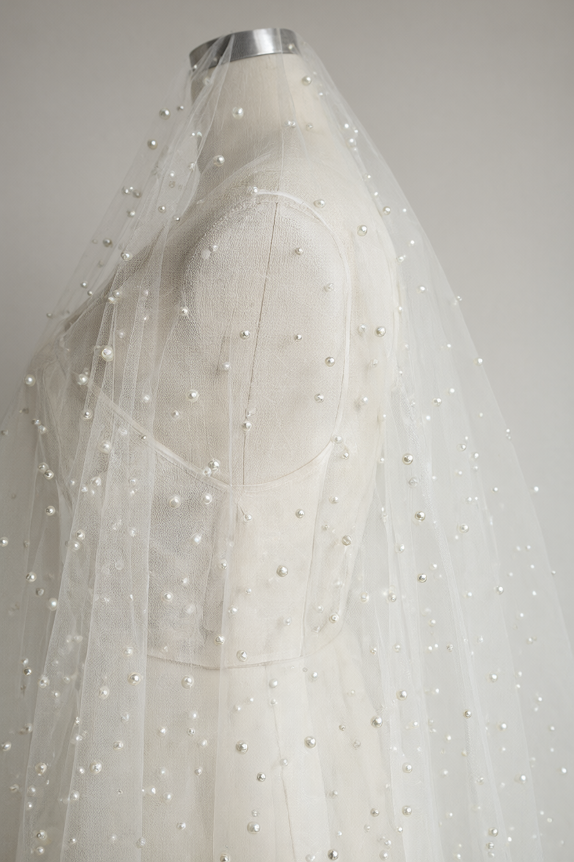 Pearl-dotted veil draped over a dress form in a neutral studio.