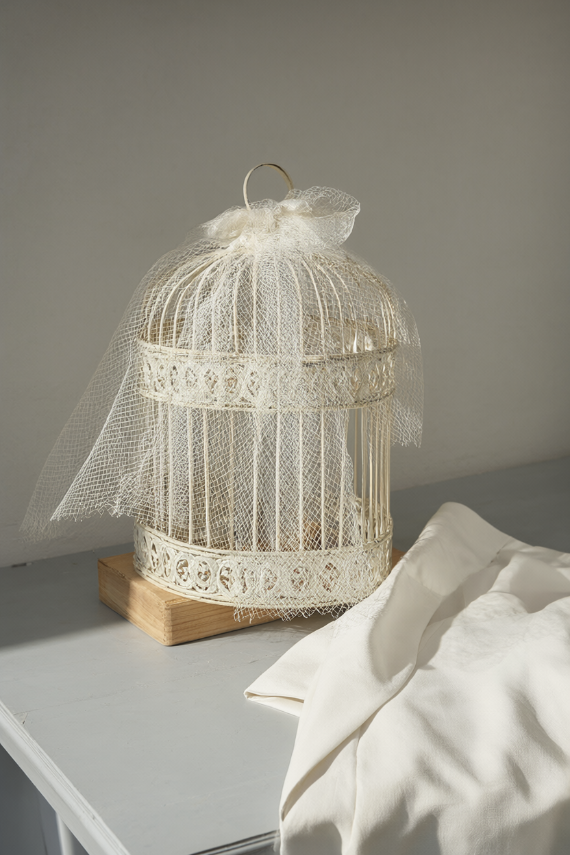 Ivory birdcage veil on a wooden block beside a white blazer.