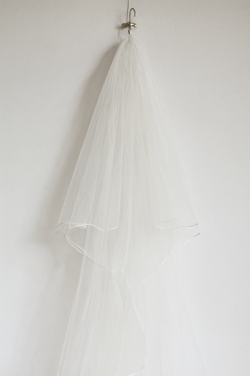 Horsehair-hem veil suspended from a hook, casting a curled shadow.