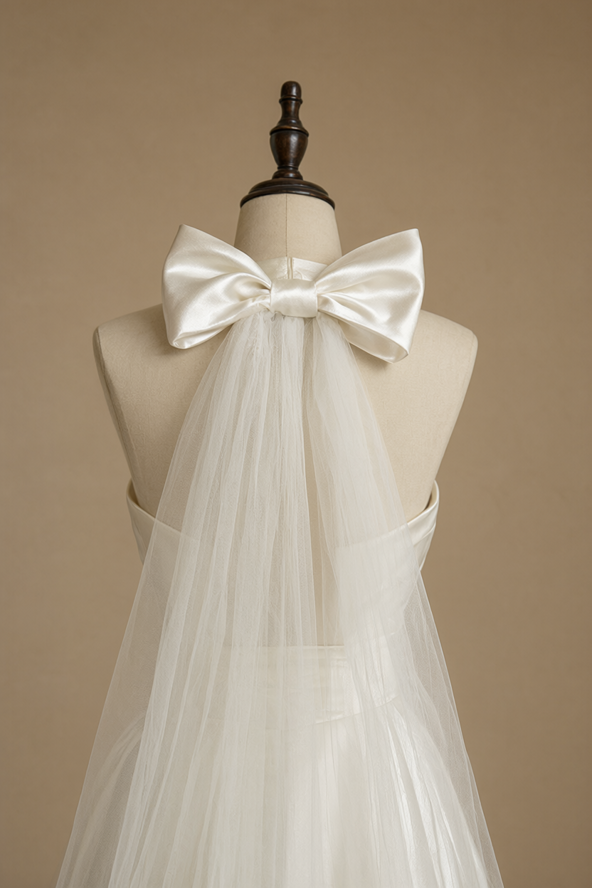 Satin bow with a short tulle veil styled on a dress form.