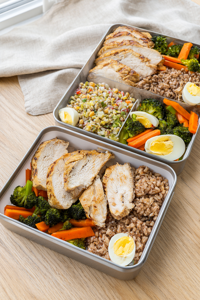 Three work lunch meal-prep containers with grilled chicken, brown rice and roasted vegetables