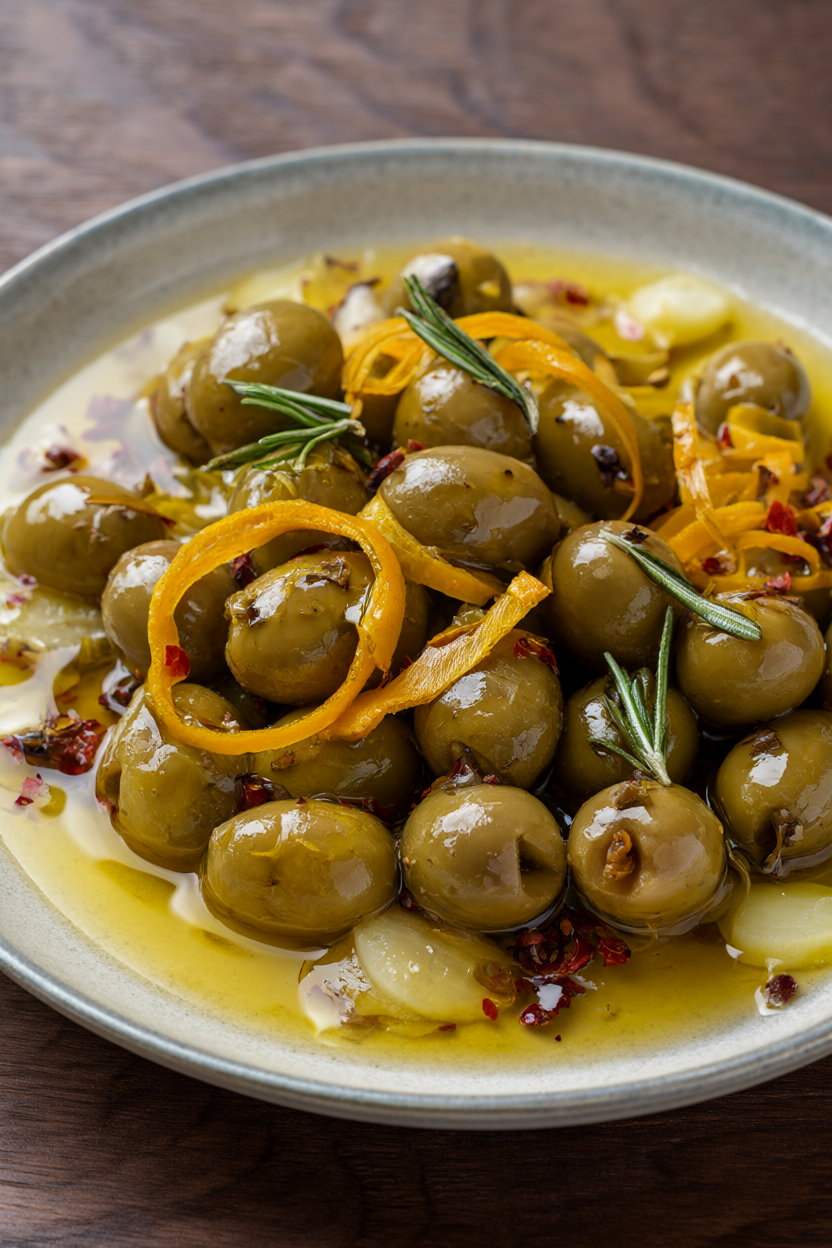 A rustic bowl of mixed marinated olives with orange peel, garlic, rosemary, and red pepper flakes on dark wood.