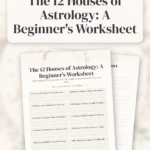 Flat lay of the blank 12 Houses of Astrology worksheet on a pale oak desk with a brass compass, dried lavender, a small lit candle and star-shaped confetti in soft morning light