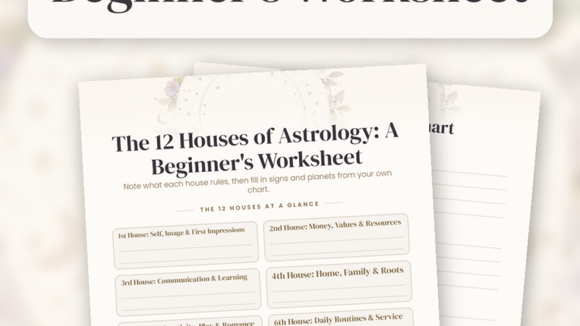 Flat lay of the blank 12 Houses of Astrology worksheet on a pale oak desk with a brass compass, dried lavender, a small lit candle and star-shaped confetti in soft morning light