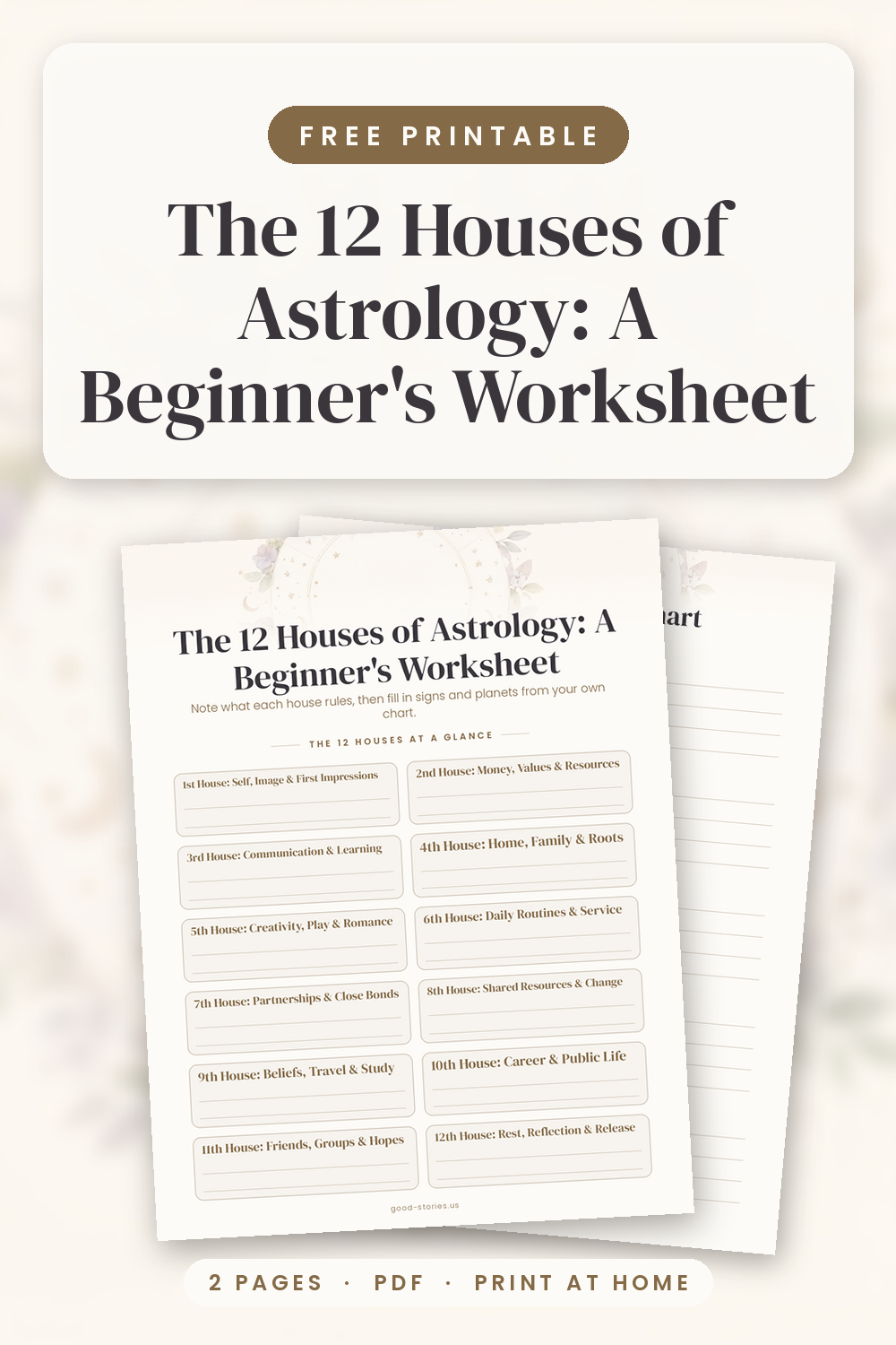 Flat lay of the blank 12 Houses of Astrology worksheet on a pale oak desk with a brass compass, dried lavender, a small lit candle and star-shaped confetti in soft morning light