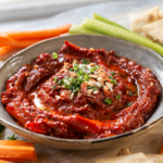 Roasted red pepper almond romesco dip in a ceramic bowl topped with olive oil, parsley and toasted almonds, with cucumber and carrot sticks and pita on a wood table