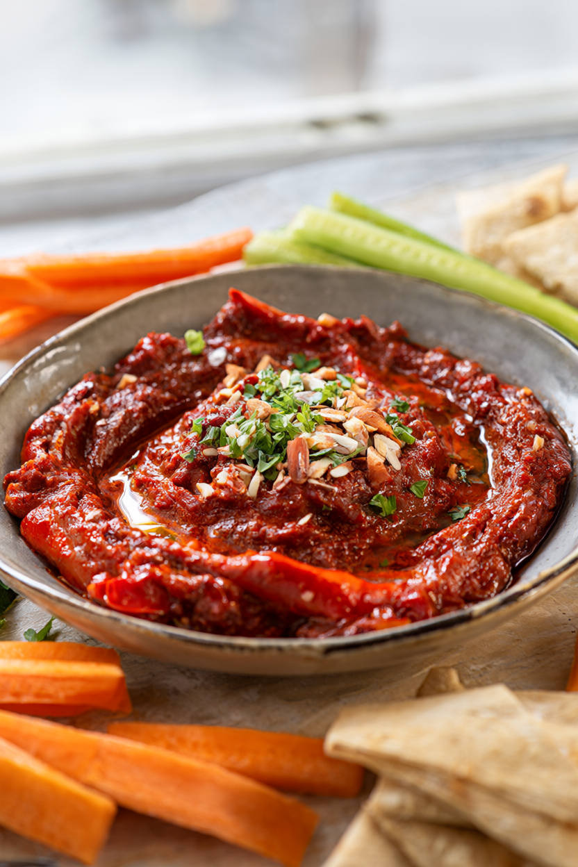 Roasted red pepper almond romesco dip in a ceramic bowl topped with olive oil, parsley and toasted almonds, with cucumber and carrot sticks and pita on a wood table