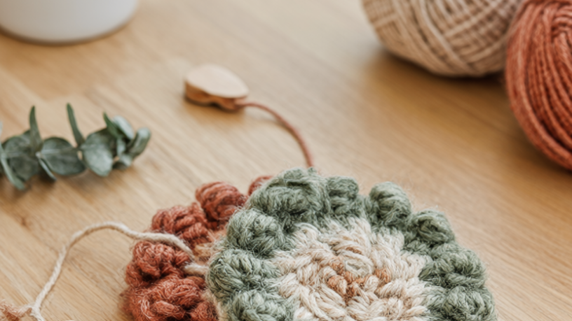 Two handmade punch needle coasters with woolly sage green, cream and terracotta loops on a pale oak table with a white mug, yarn and a wooden punch needle.