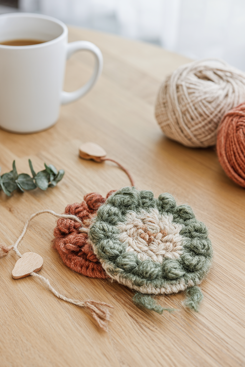 Two handmade punch needle coasters with woolly sage green, cream and terracotta loops on a pale oak table with a white mug, yarn and a wooden punch needle.