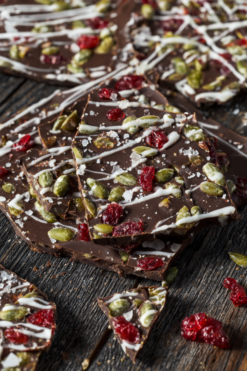 Broken pieces of dark chocolate bark topped with pepitas, cranberries, white chocolate drizzle and flaky salt on dark wood.